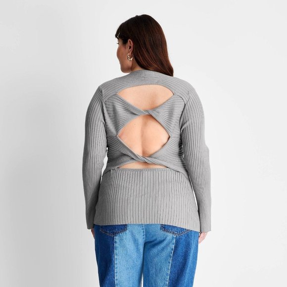Women's Party Twisted Back Crewneck Pullover Sweater Future Collective Gray 1X - Picture 3 of 10